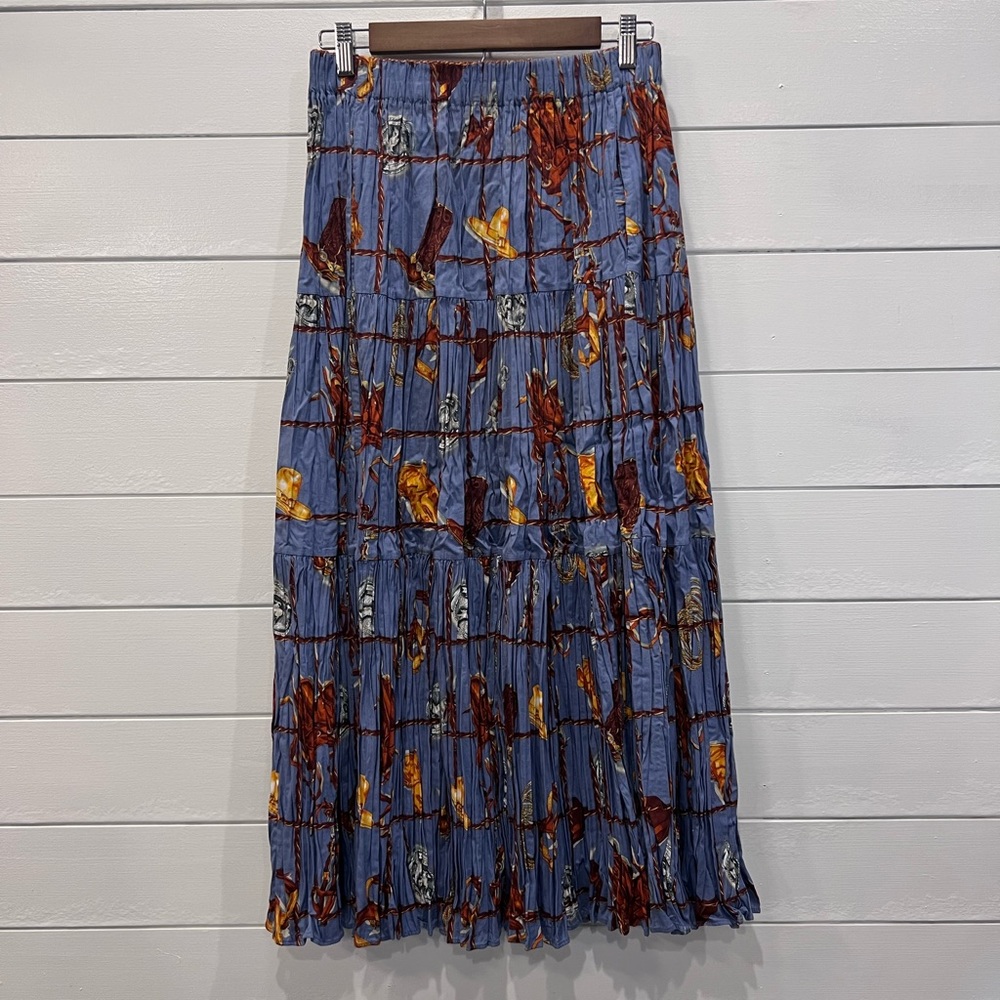 Sedona Stitchery Vintage Western Cowboy Print Elastic Waist Maxi Skirt One Size